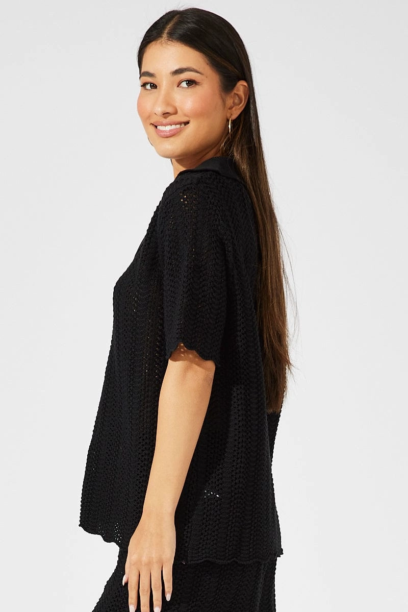 Black Collared Knit Top Short Sleeve Button Up