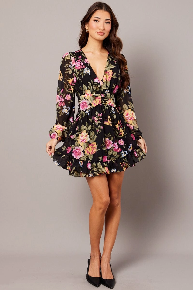 Black Floral Skater Dress Balloon Sleeve Ruffle Frill Dress