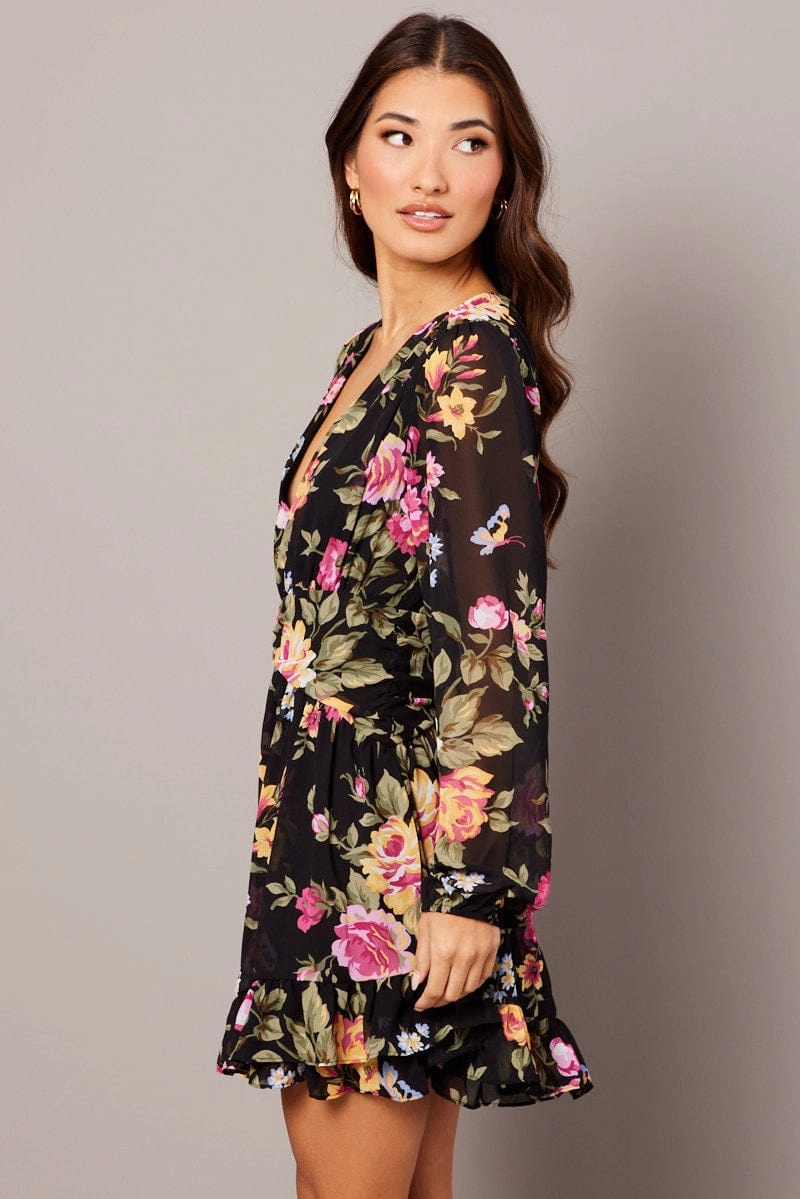 Black Floral Skater Dress Balloon Sleeve Ruffle Frill Dress
