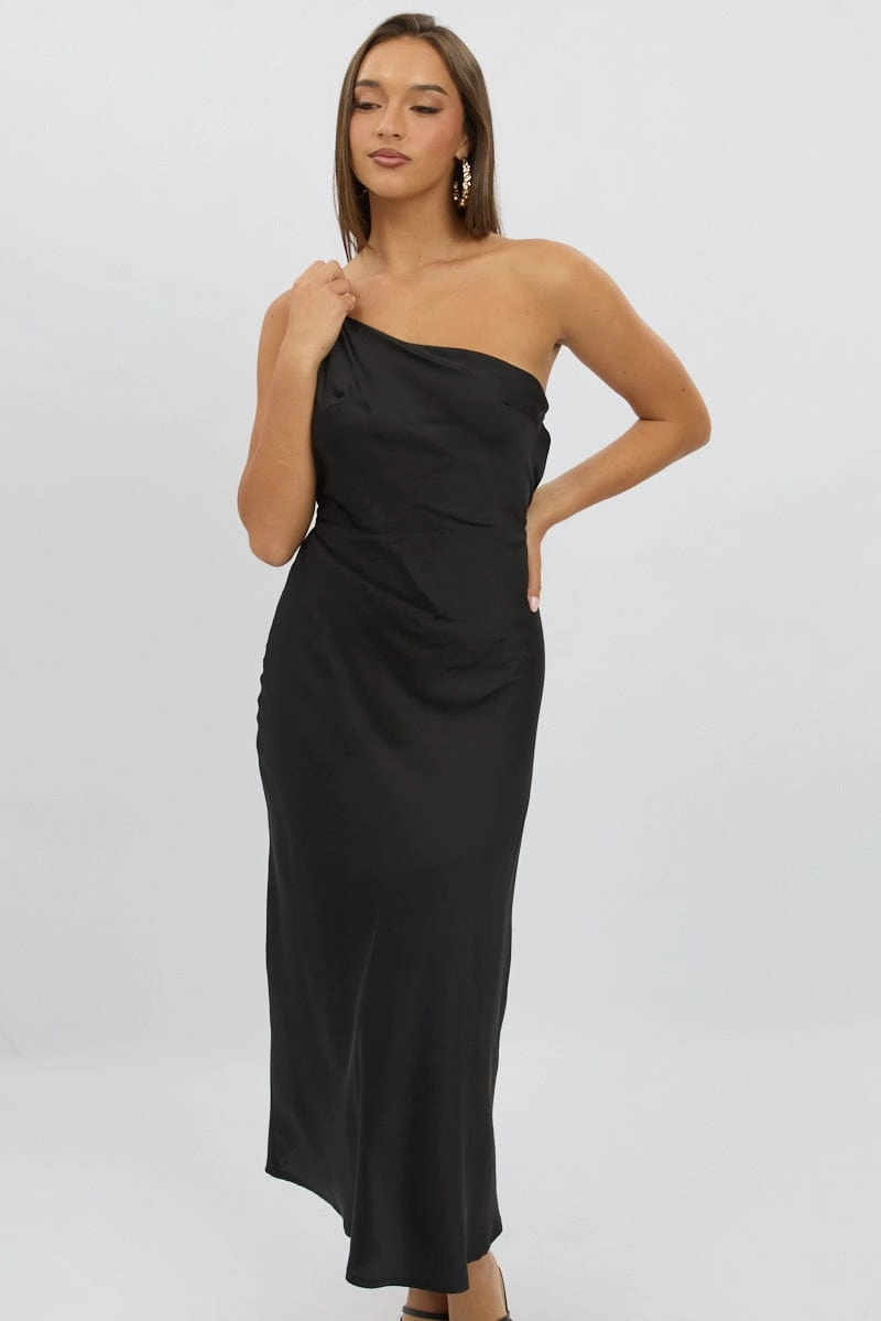 Black One Shoulder Dress Satin
