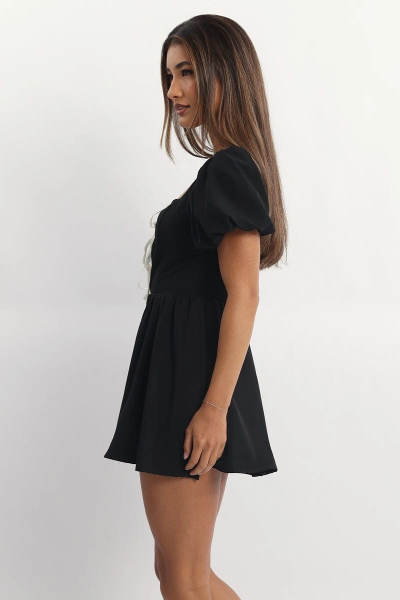 Black Ruffle Playsuit Short Sleeve Front Tie