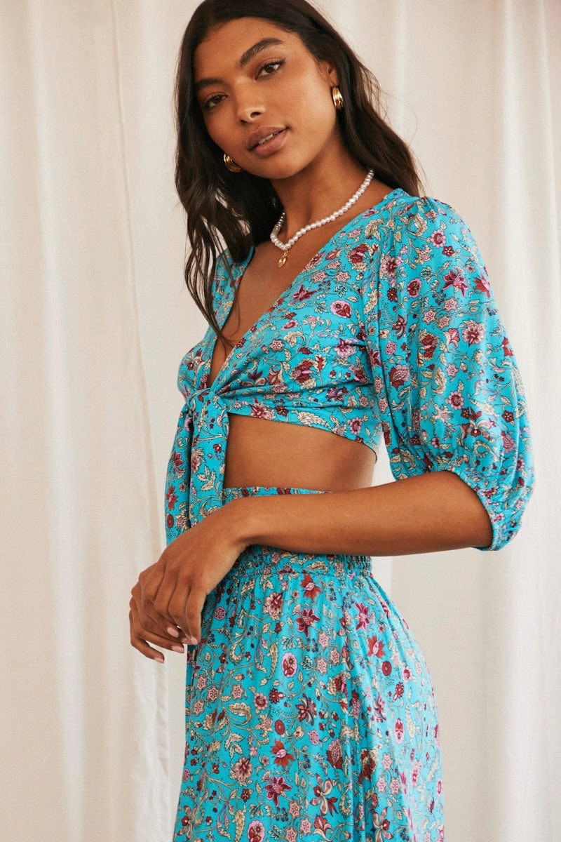 Blue Boho Crop Top Tie Front