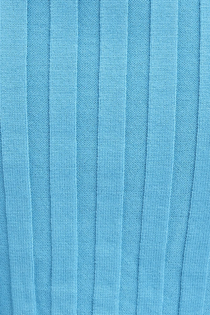 Blue Knit Top Long Sleeve Crop Collared