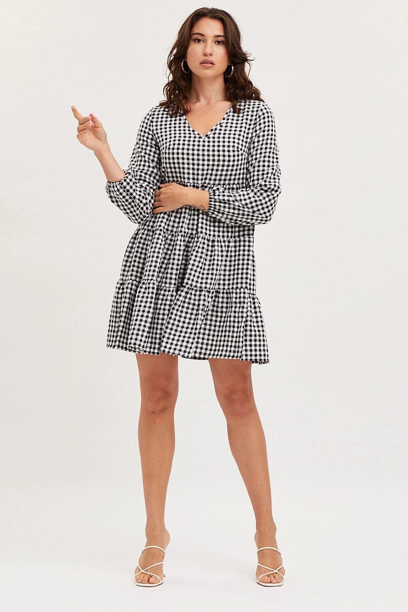 Check Skater Dress Long Sleeve Mini