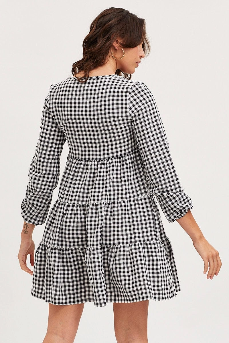 Check Skater Dress Long Sleeve Mini