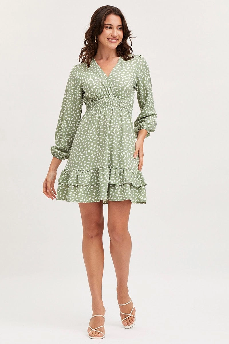 Geo Print Skater Dress Long Sleeve Mini Ruffle