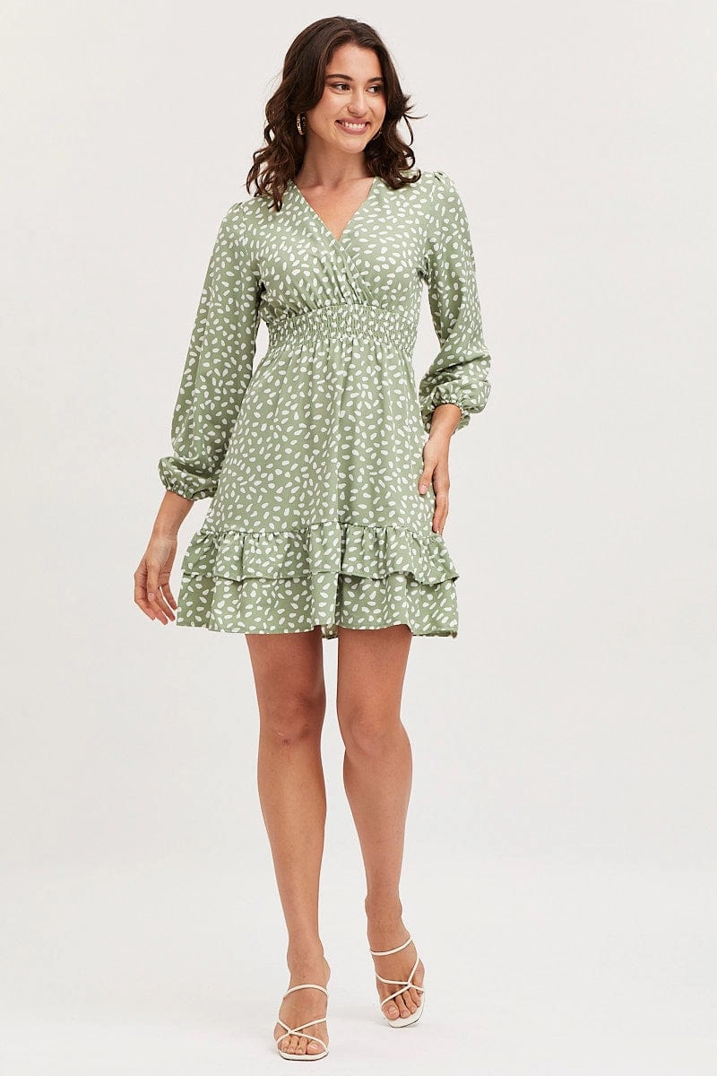 Geo Print Skater Dress Long Sleeve Mini Ruffle