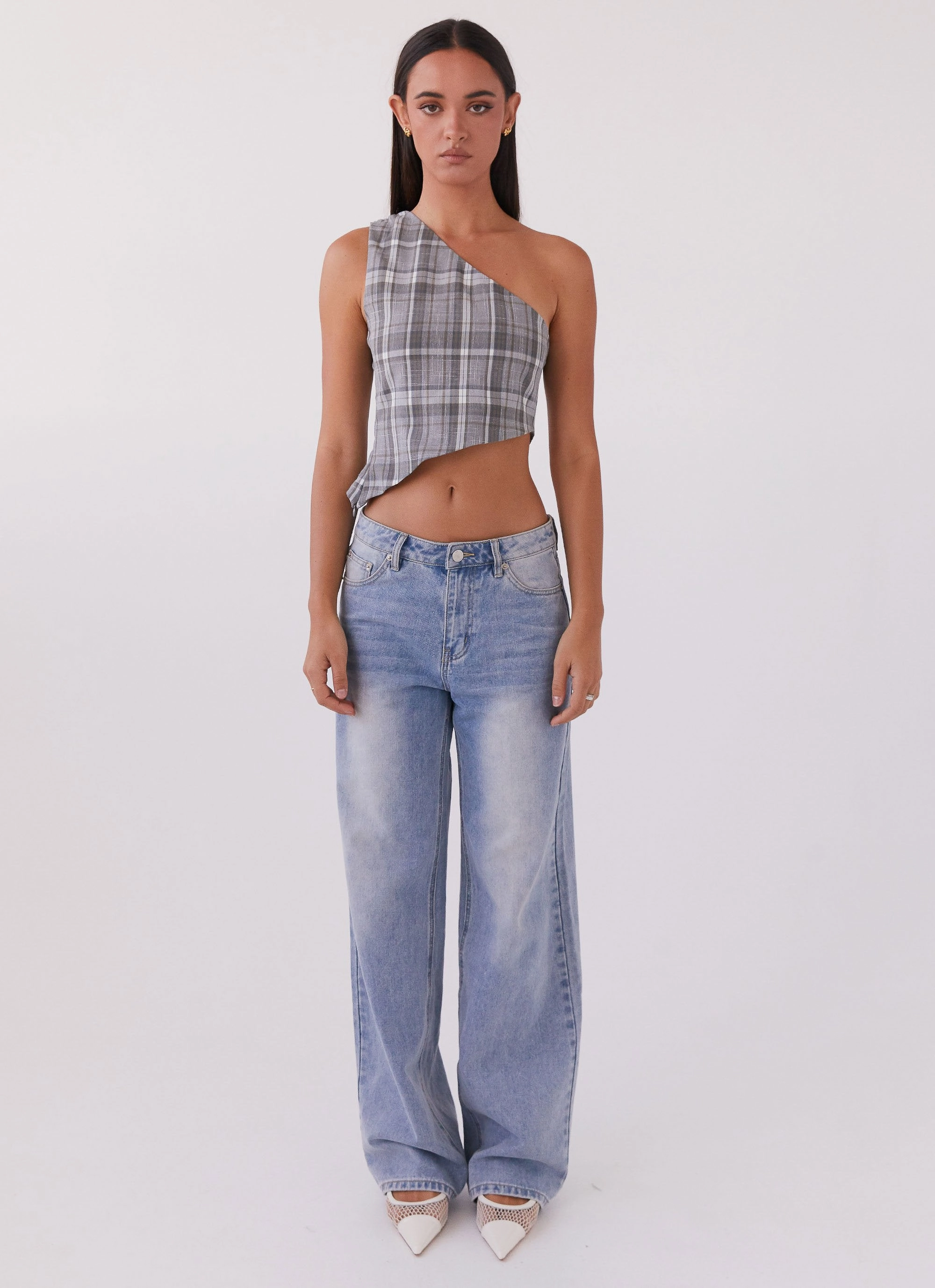 Got Me Started One Shoulder Top - Grey Plaid