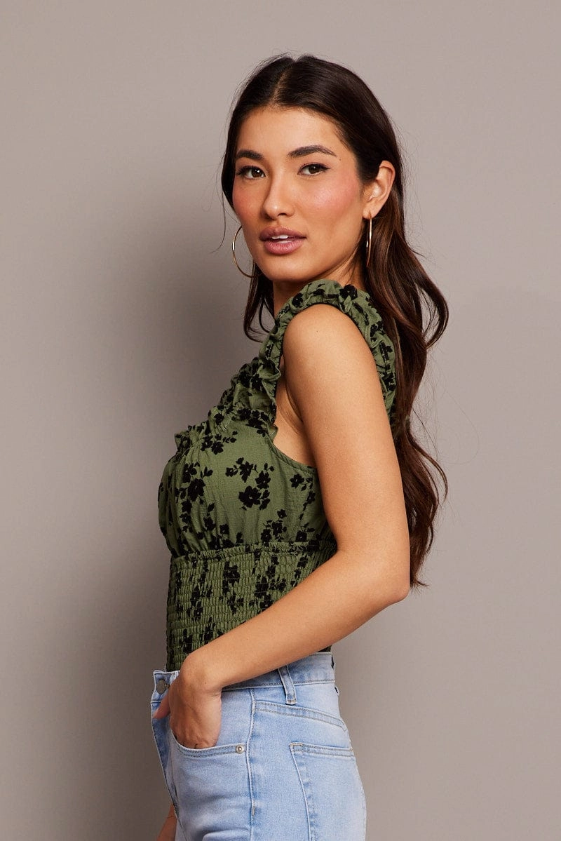 Green Ditsy Bodysuit Short Sleeve Shirred