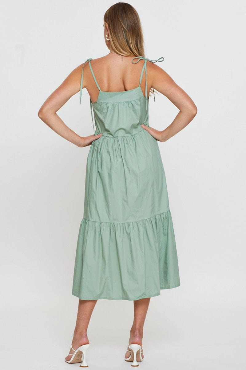 Green Midi Dress Sleeveless Tie Shoulder