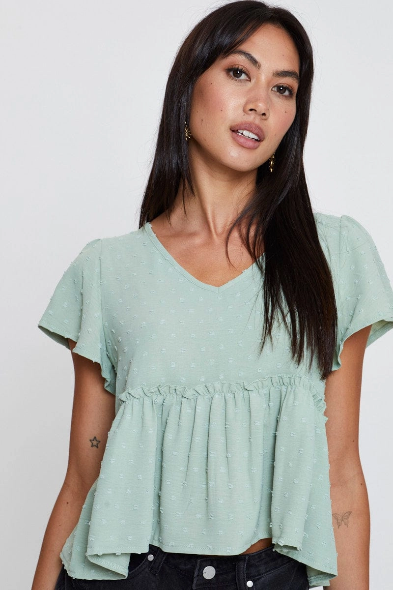 Green Peplum Top Short Sleeve Button Front