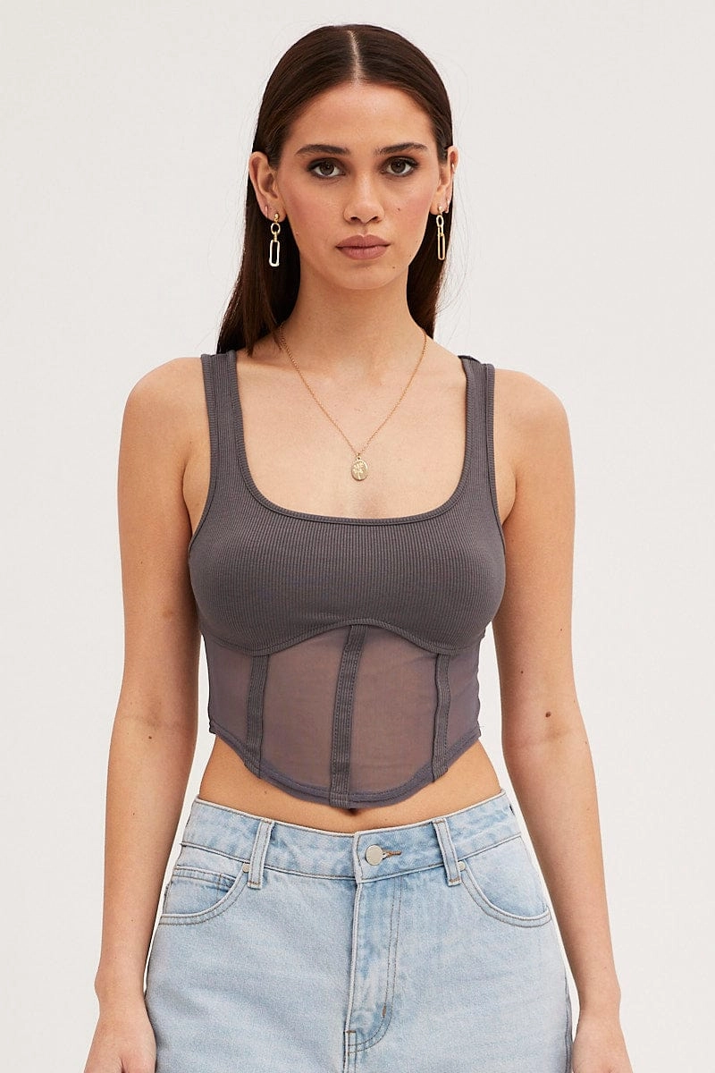 Grey Mesh Patchwork Tank Top Corset Top