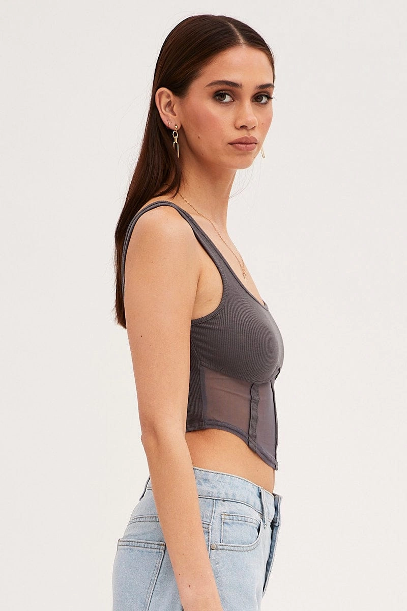 Grey Mesh Patchwork Tank Top Corset Top
