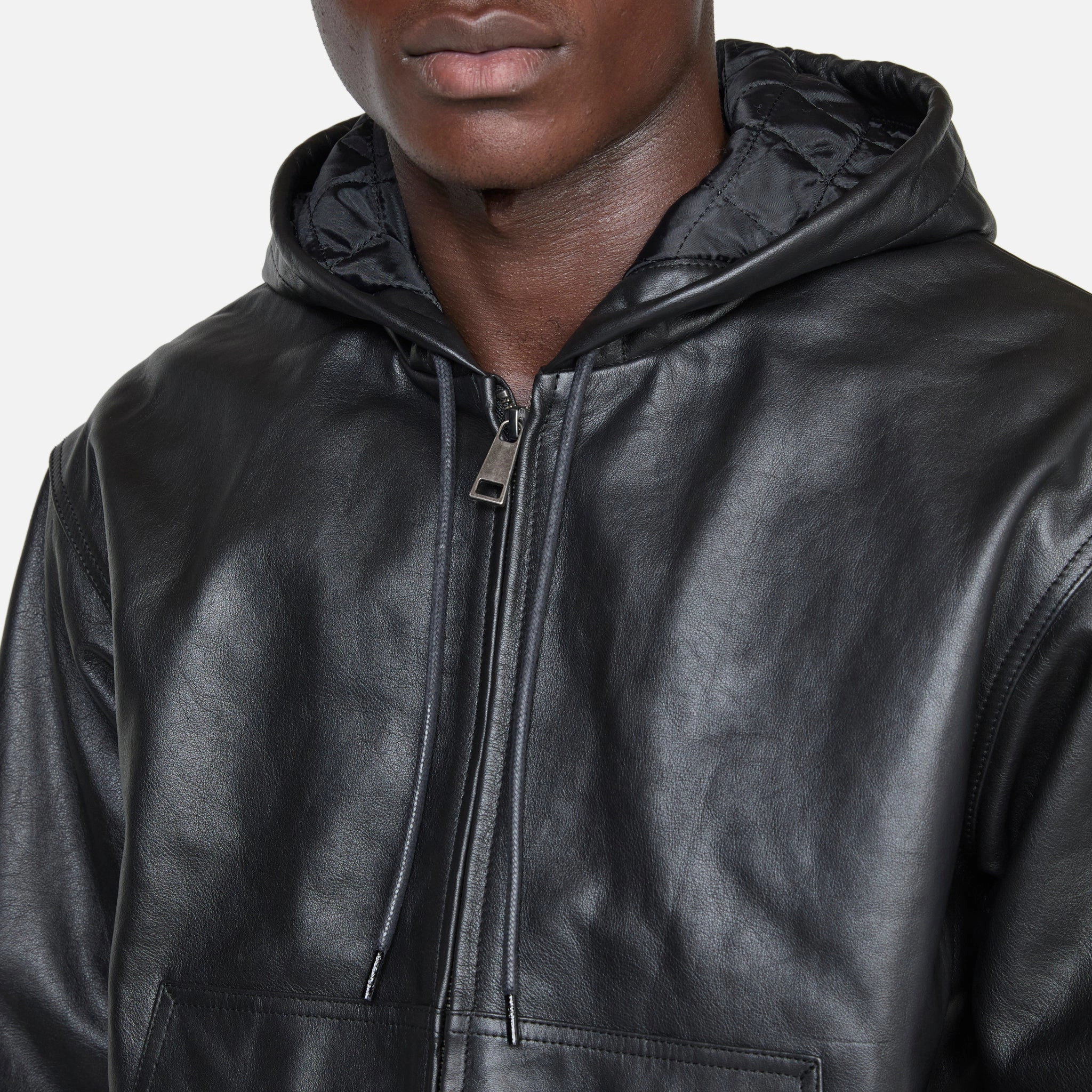 Hooded Leather Work Jacket Black