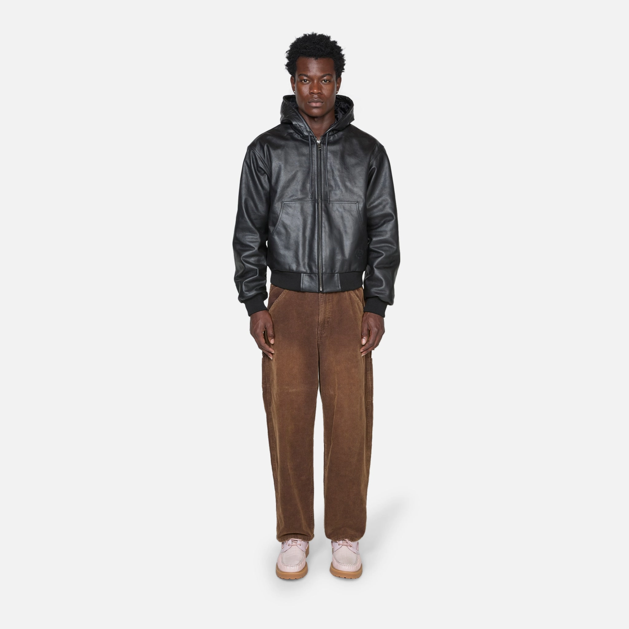 Hooded Leather Work Jacket Black