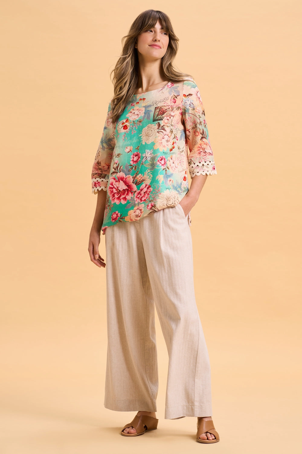Linen Cuff Detail Top - French Bouquet Print