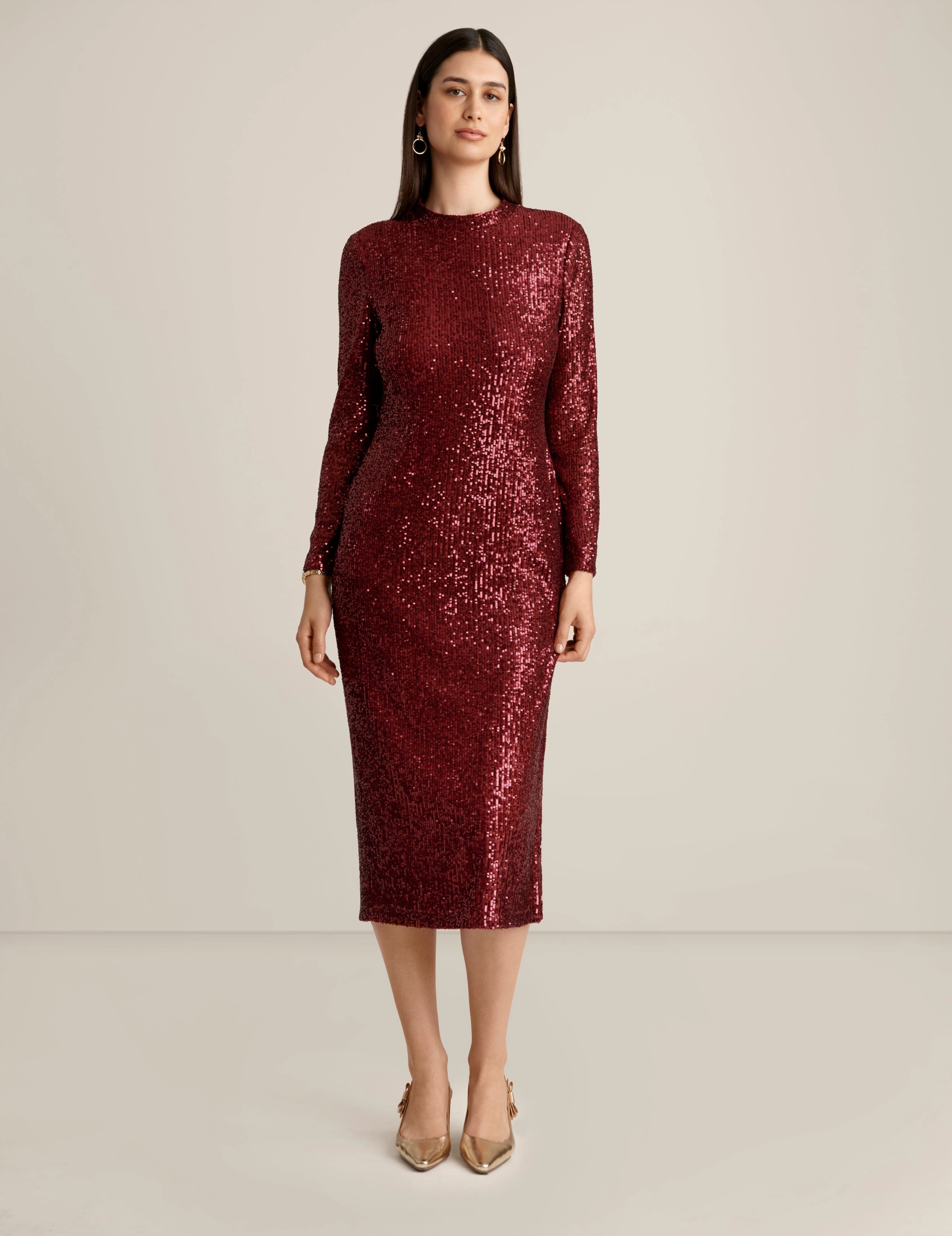 Long Sleeve Mock Neck Fitted Midi Dress