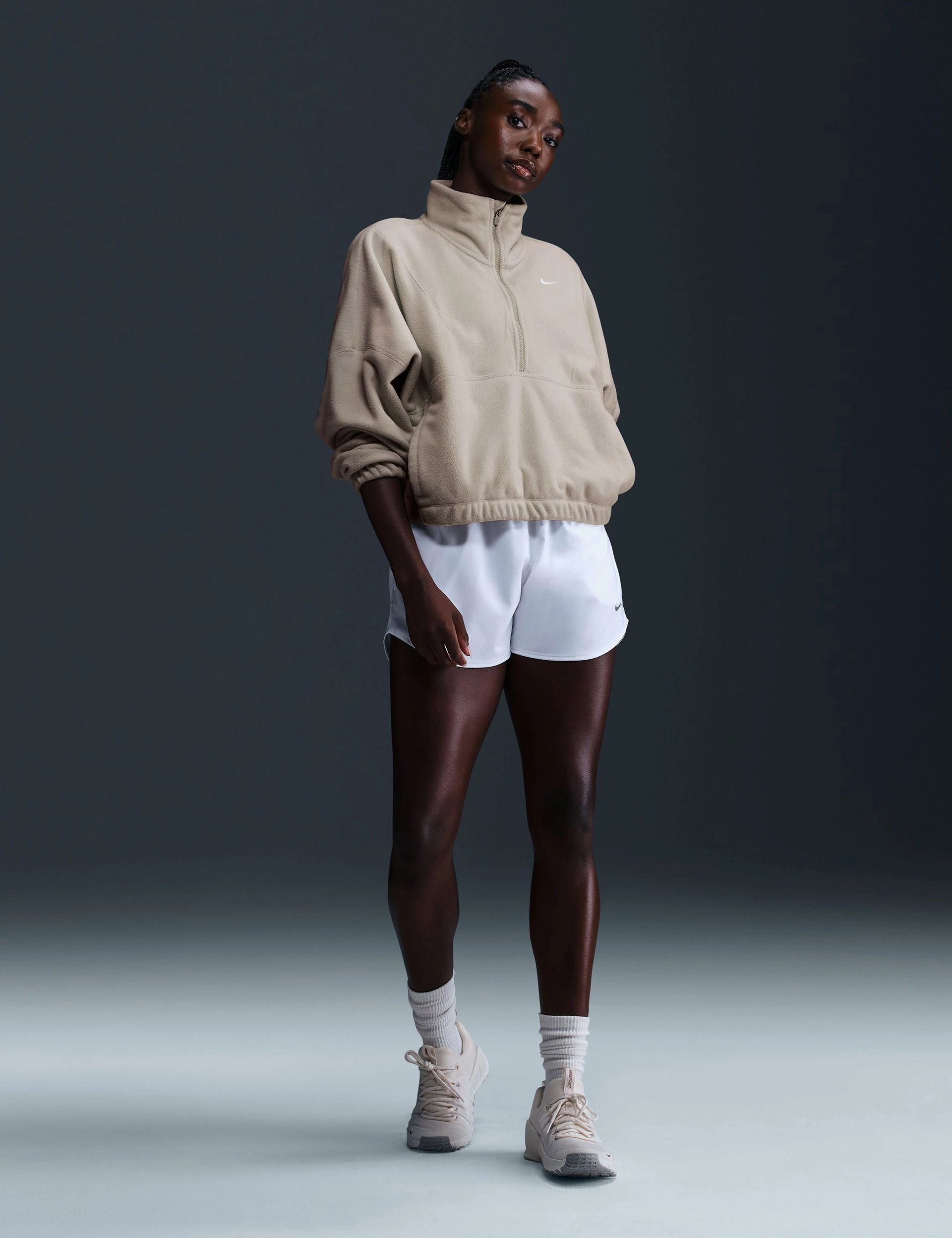 One Oversized 1/2-Zip Fleece Top - Light Orewood Brown/White