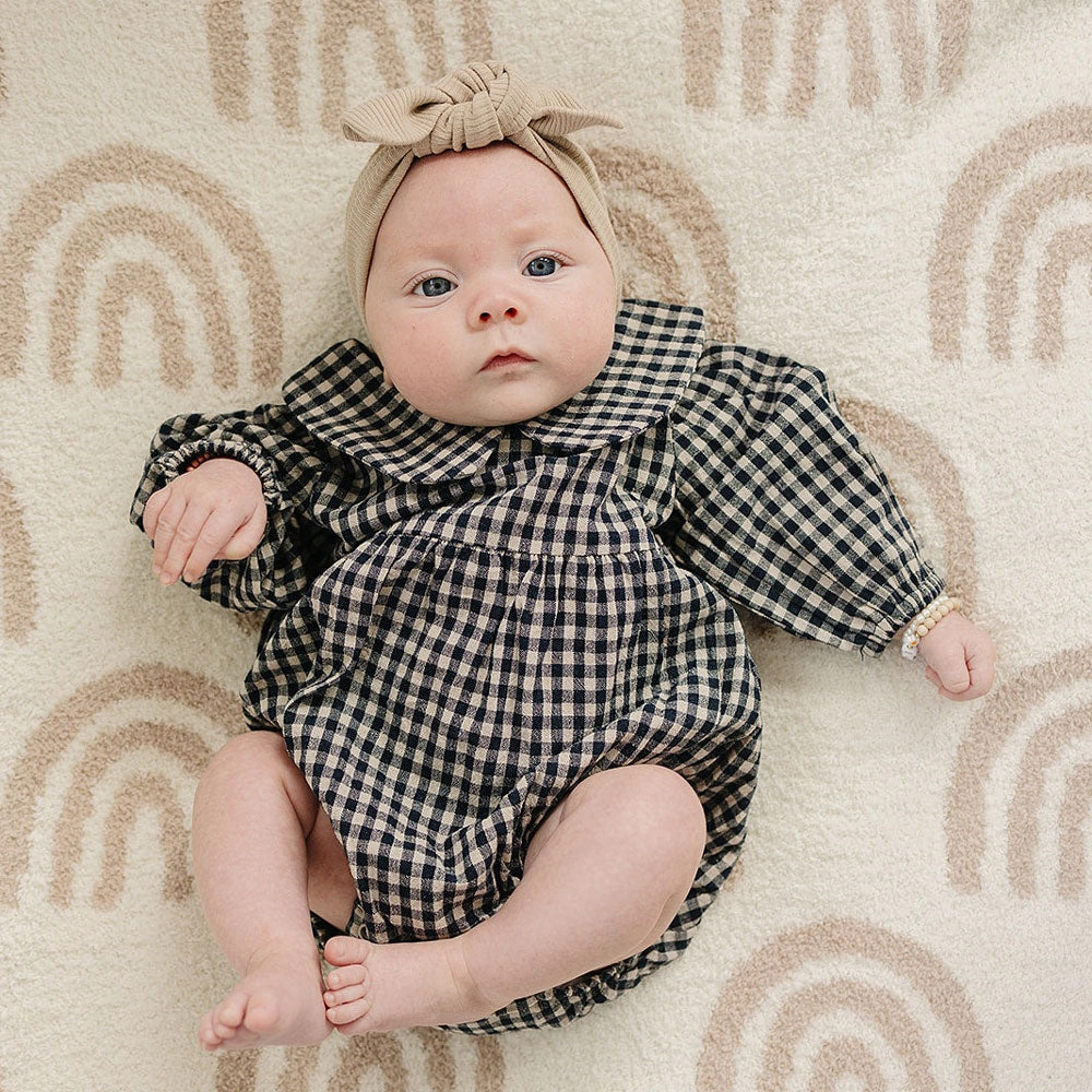 Peter Pan Collar Long Sleeve Bubble Romper - Gingham - Black
