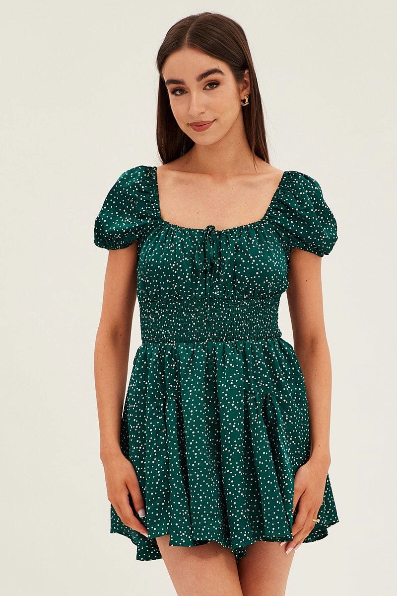 Polka Dot Shirred Playsuit Short Sleeve