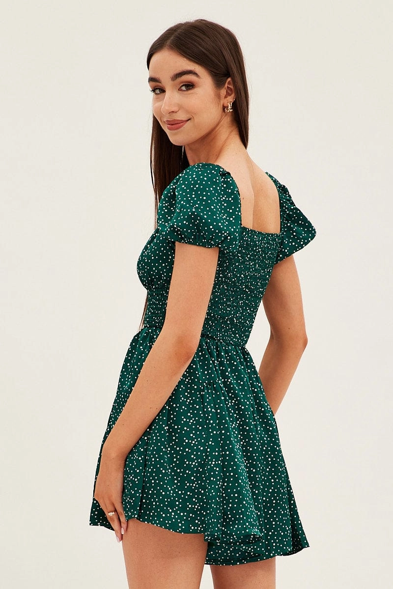 Polka Dot Shirred Playsuit Short Sleeve