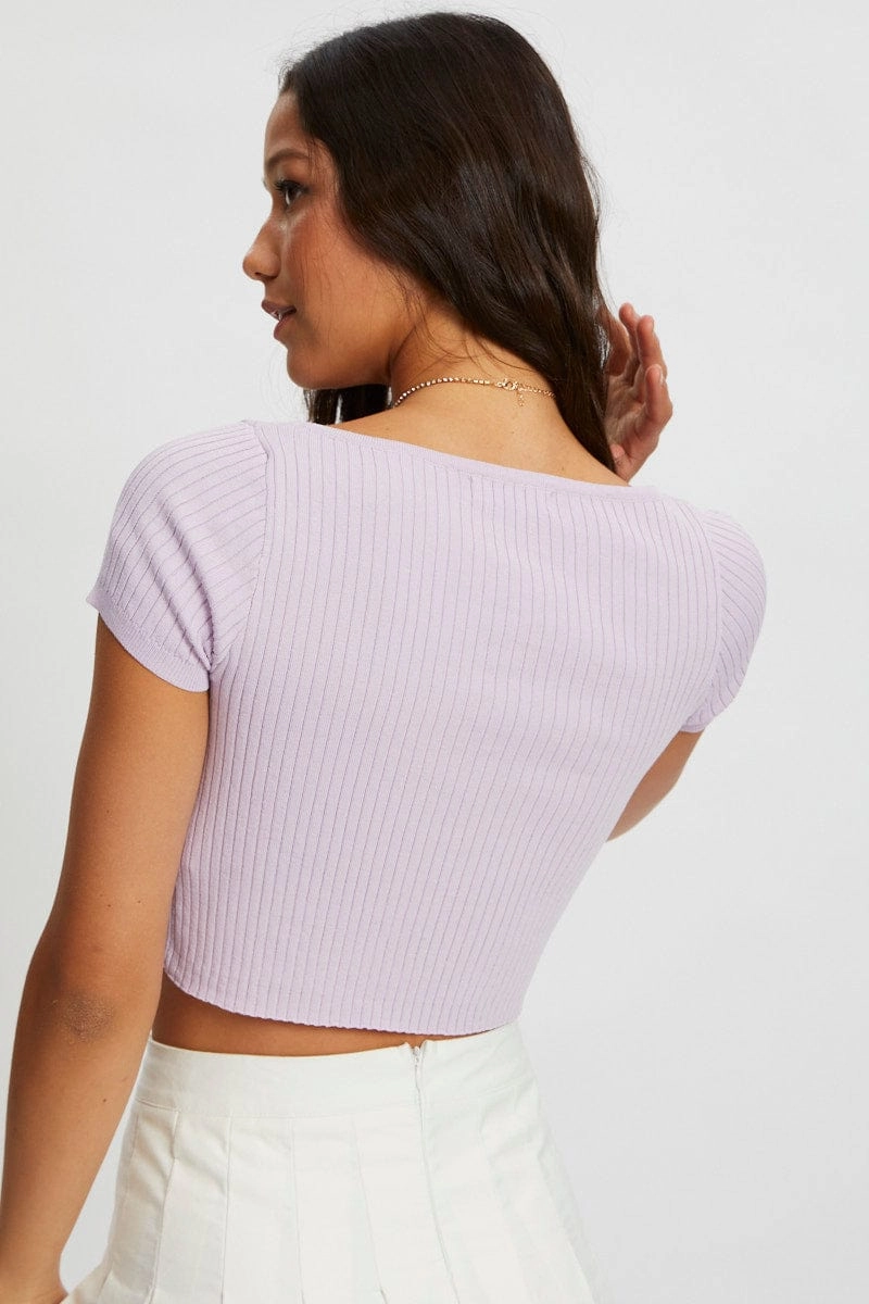 Purple Short Sleeve Rib Knit Scoop Neck Button Detail Cro