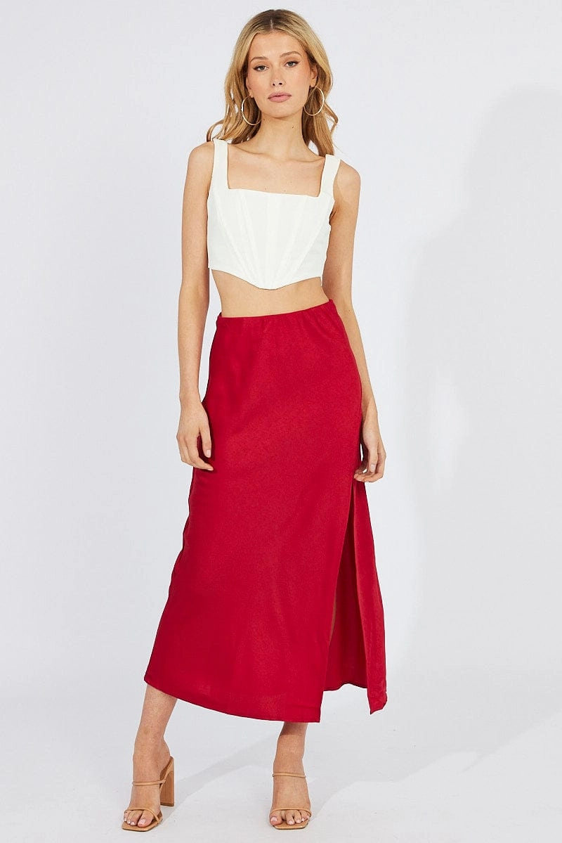 Red Slip Skirt Front Split Satin