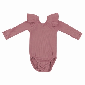 Ribbed Long Sleeve Ruffle Leotard - Dusty Rose