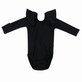 Ribbed Long Sleeve Ruffle Leotard - Midnight