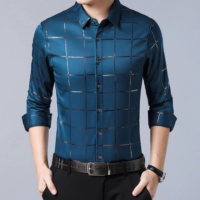 West Louis™ Brand Luxury Plaid Long Sleeve Slim Fit Dress Shirt