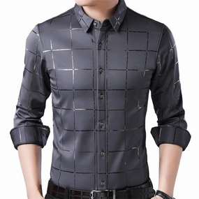 West Louis™ Brand Luxury Plaid Long Sleeve Slim Fit Dress Shirt