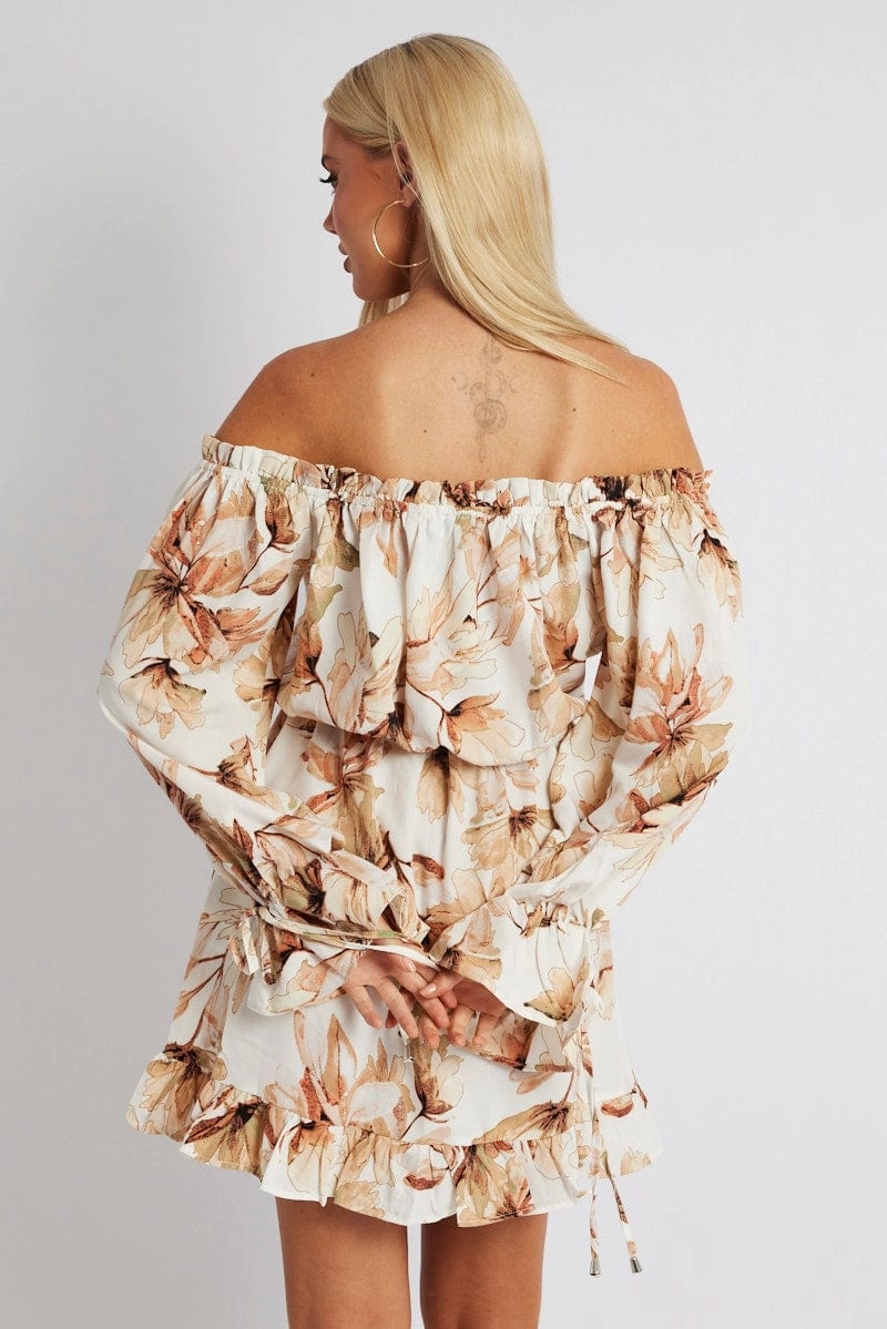 White Floral Off Shoulder Dress Balloon Sleeve Skater Dress