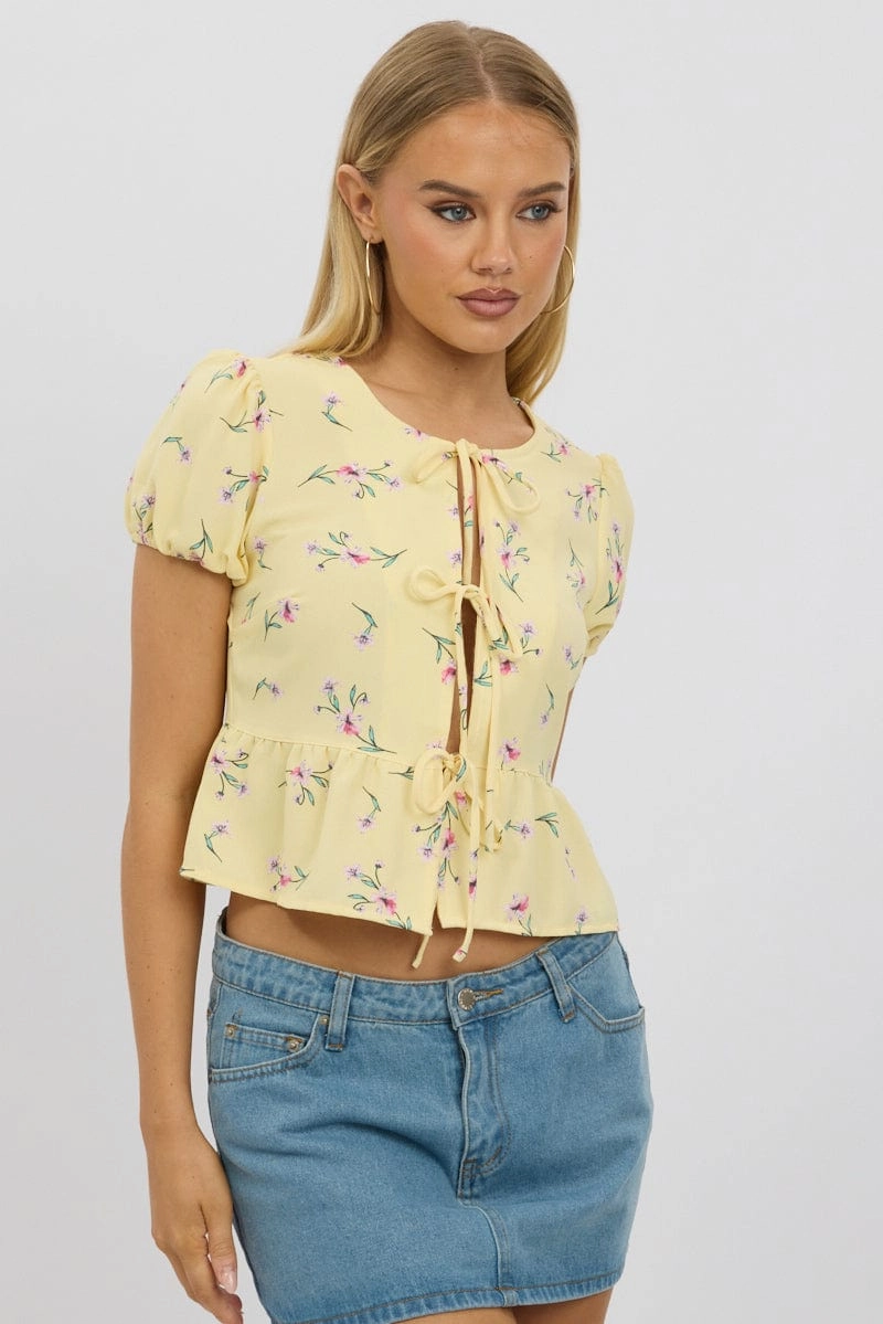 Yellow Ditsy Tie Front Top Puff Sleeve