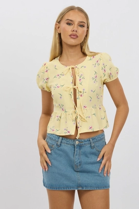 Yellow Ditsy Tie Front Top Puff Sleeve