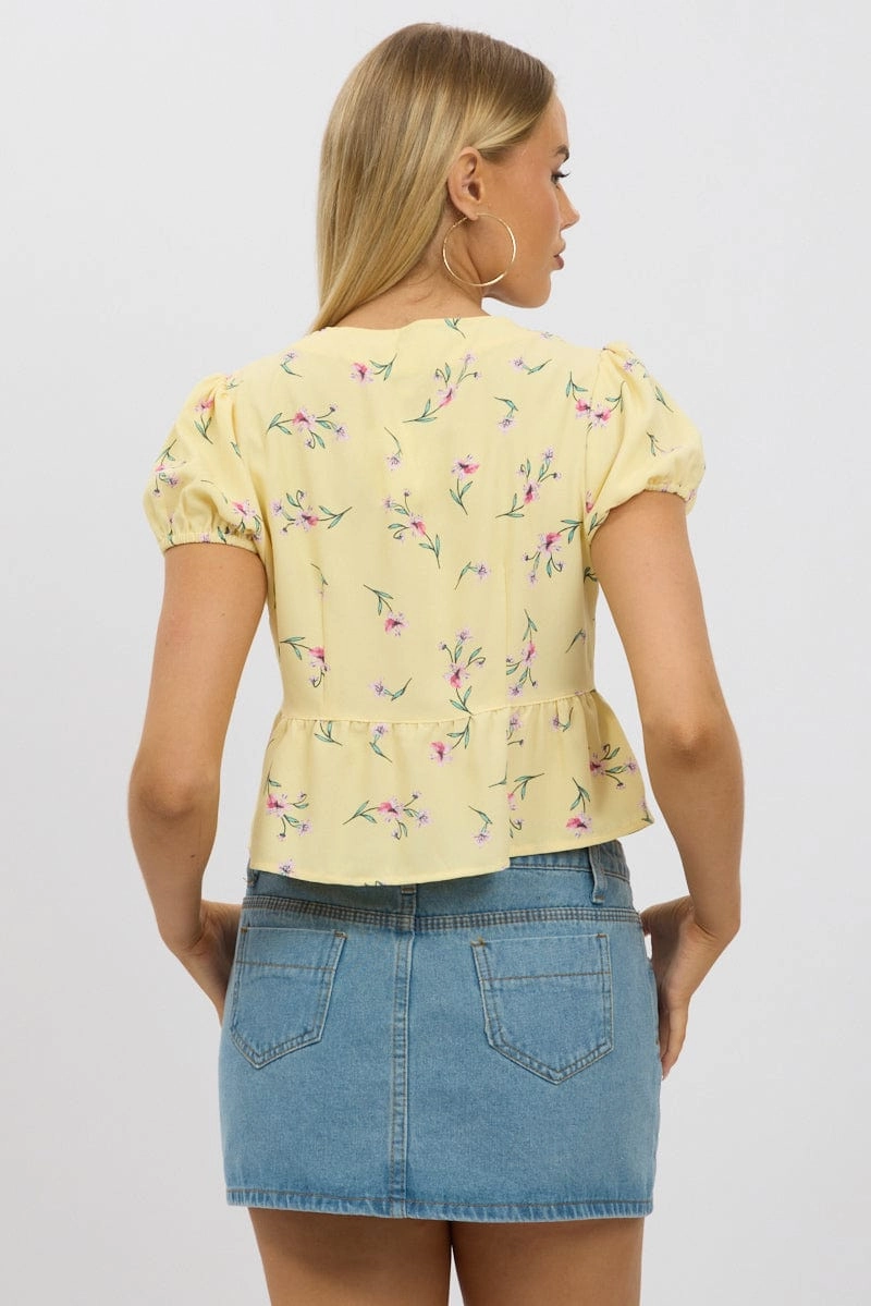 Yellow Ditsy Tie Front Top Puff Sleeve