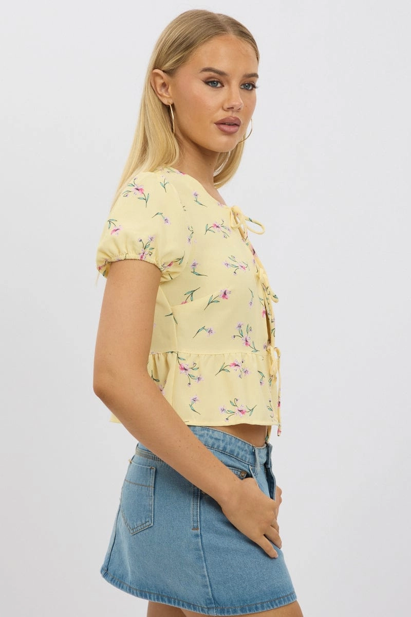 Yellow Ditsy Tie Front Top Puff Sleeve