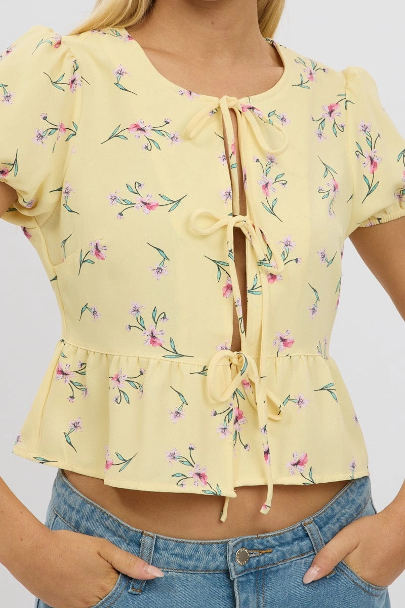 Yellow Ditsy Tie Front Top Puff Sleeve