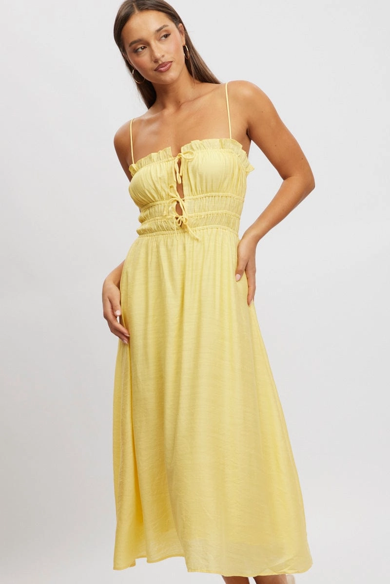 Yellow Midi Dress Ribbon Detail Strappy