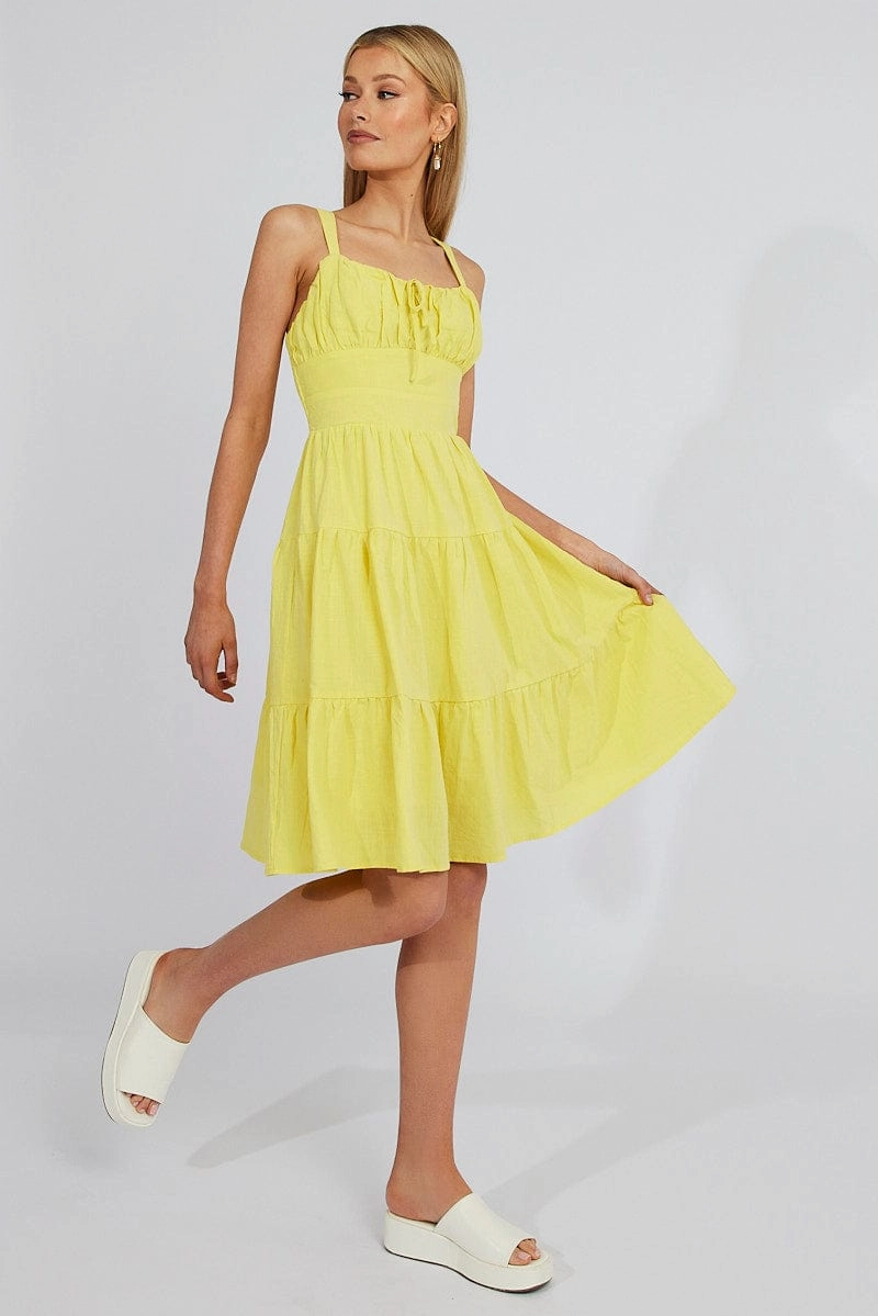 Yellow Midi Dress Strappy Tiered